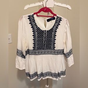 White 3/4 long sleeve blouse with blue lace detailing